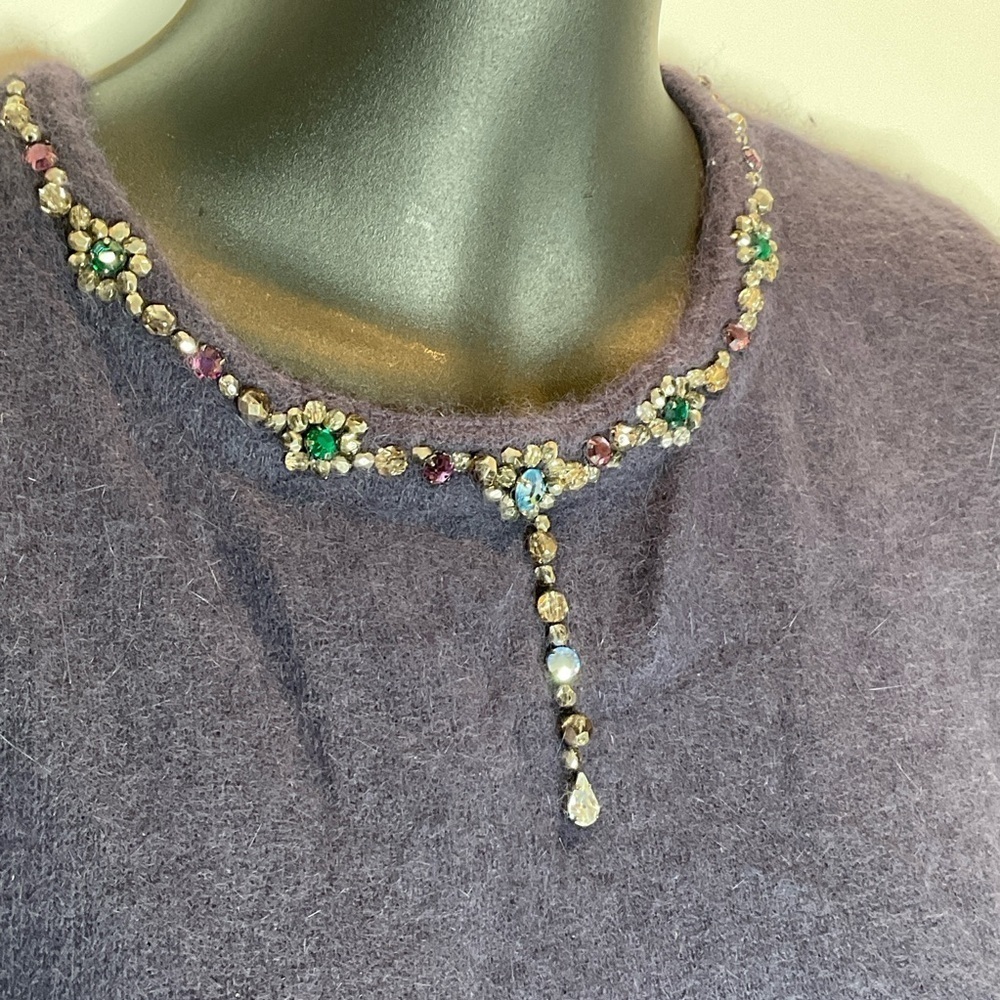 Vintage pure cashmere smoky grey sleeveless sweater w/ glass rhinestone small - Picture 2 of 8